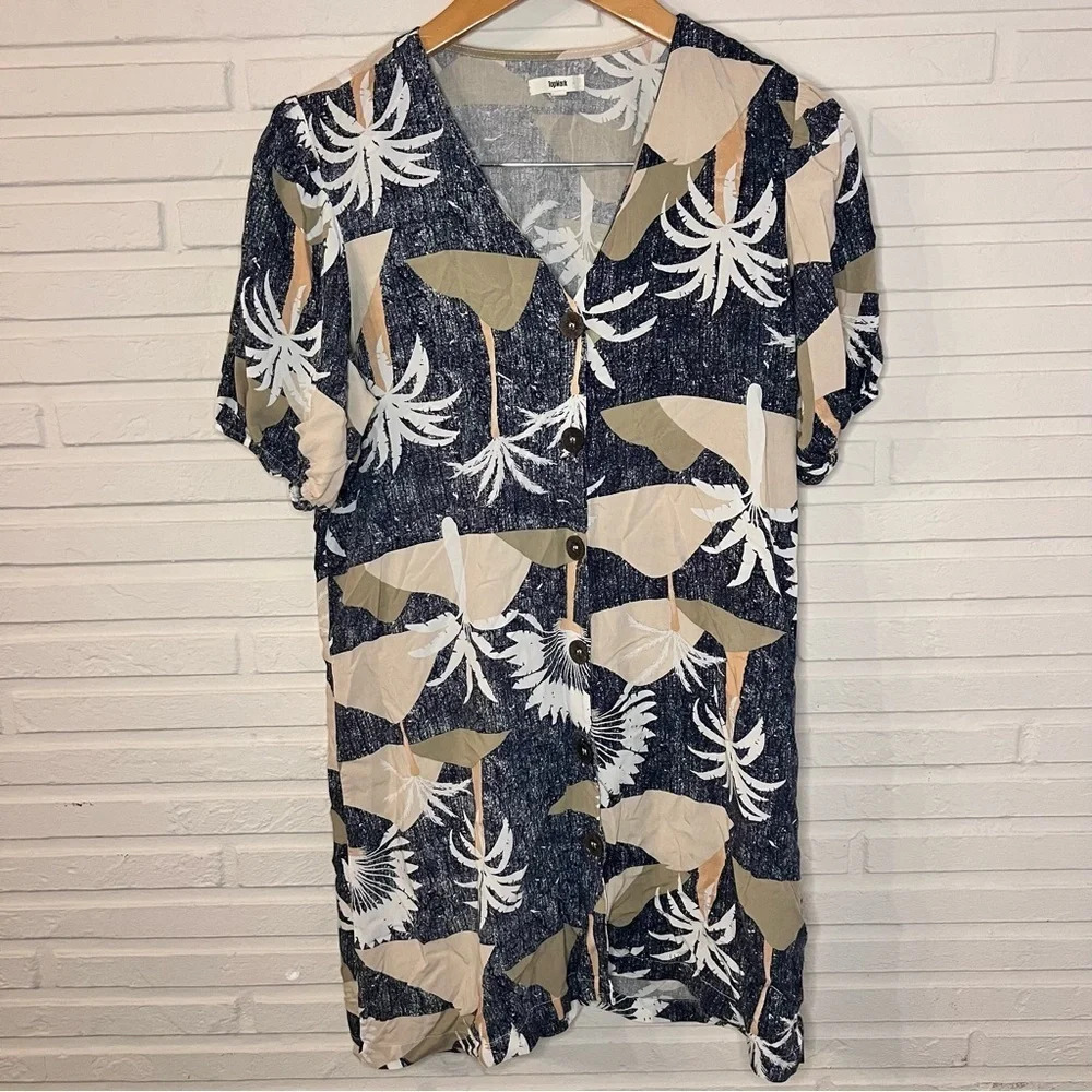 Topmart Neutral Palm Tree Puffed Sleeve Button Down Dress, Women’s Size Large